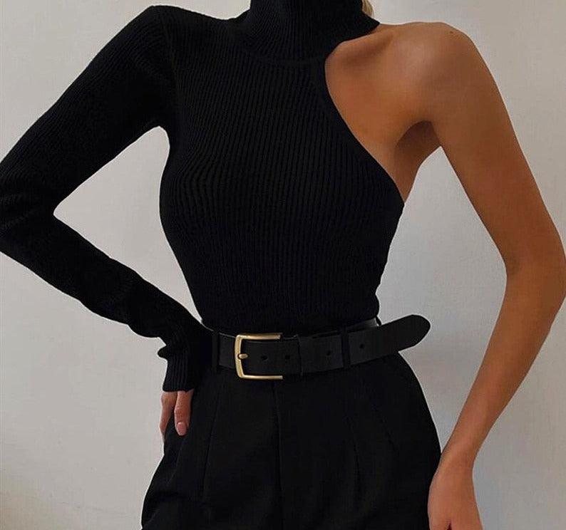 Women's Clubwear Single Shoulder Bodysuit For Women Black Knit Long Sleeve...
