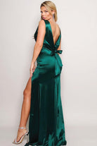 Women's Dresses Sleeveless Deep V Low Back Bow Maxi Dress - Hunter Green