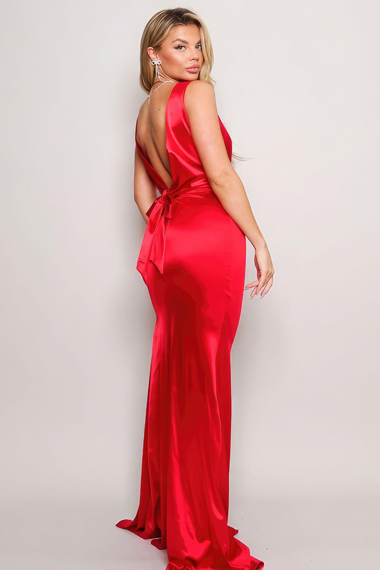 Women's Dresses Sleeveless Deep V Low Back Bow Maxi Dress - Vibrant Red