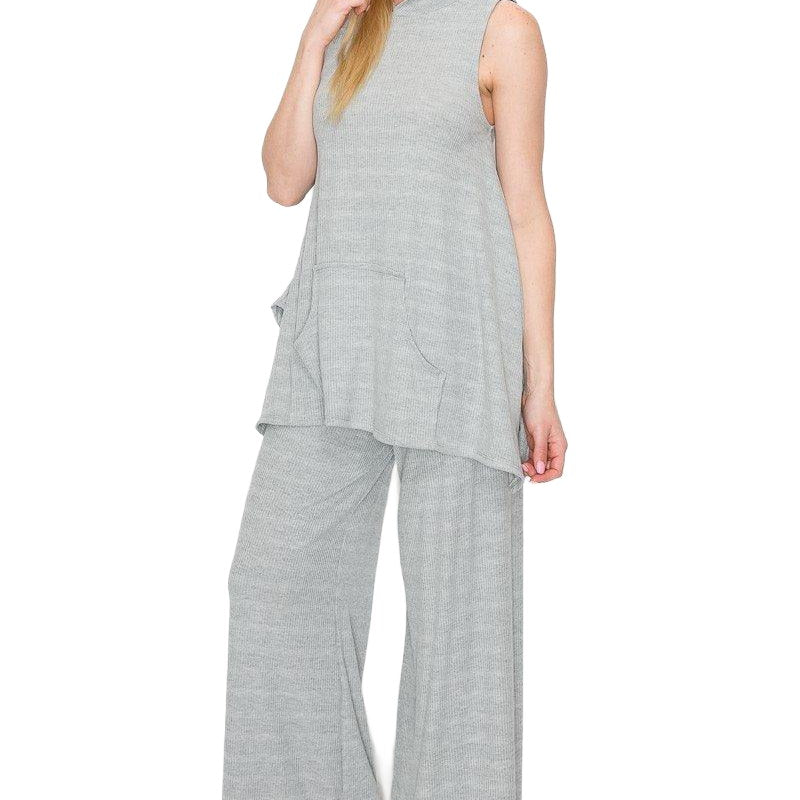 Women's Outfits & Sets Sleeveless Hooded Top And Wide Leg Pants Set - Gray