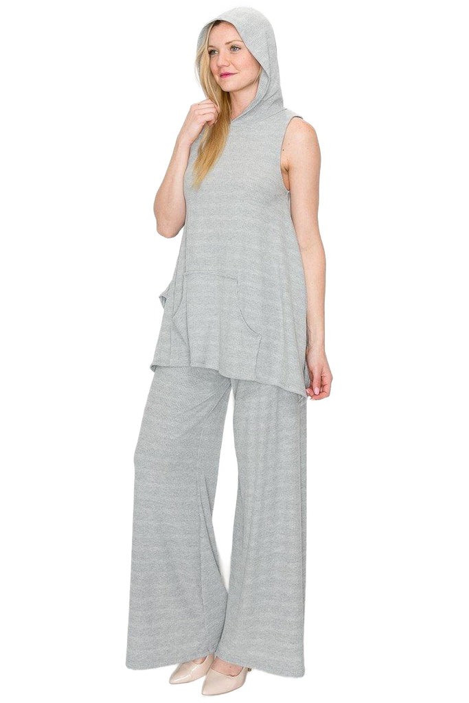 Women's Outfits & Sets Sleeveless Hooded Top And Wide Leg Pants Set - Gray