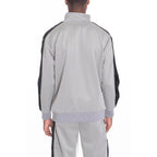 Men's snap button track jacket in gray with black accents from VacationGrabs, featuring a relaxed fit and sporty design