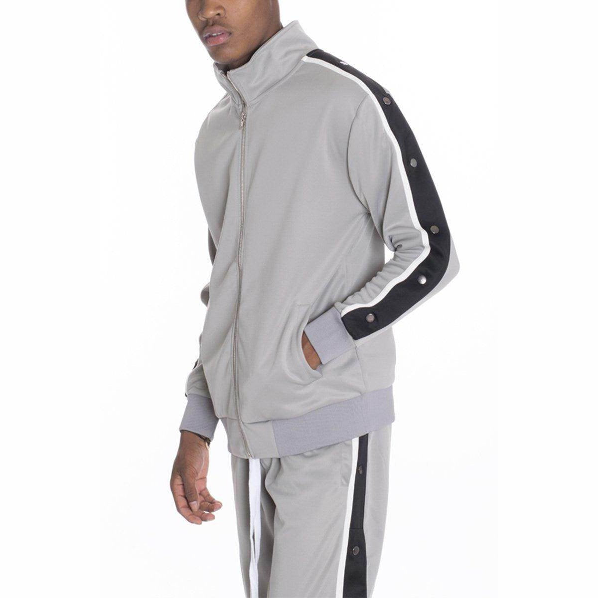 VacationGrabs men's snap button track jacket in gray with black side stripes and zip pockets