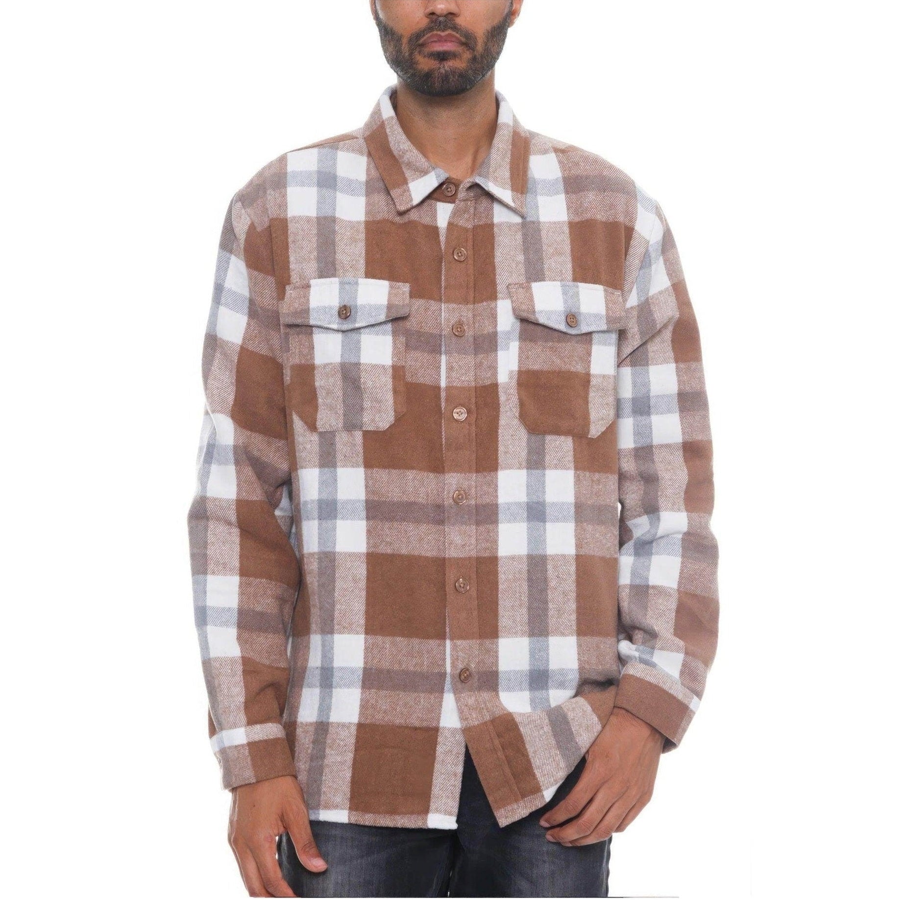 Soft flannel shacket for men in brown and white plaid design, perfect for layering and casual wear