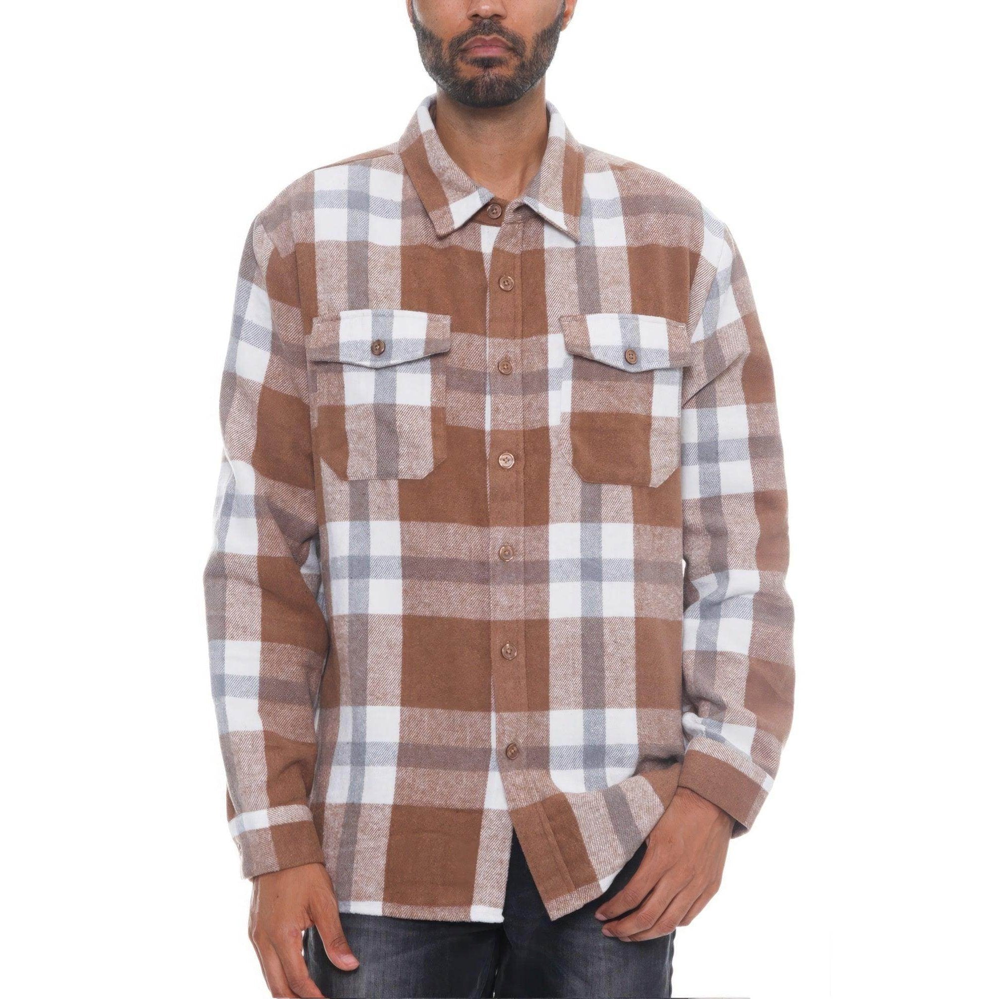 Soft flannel shacket for men in brown and white plaid design, perfect for layering and casual wear