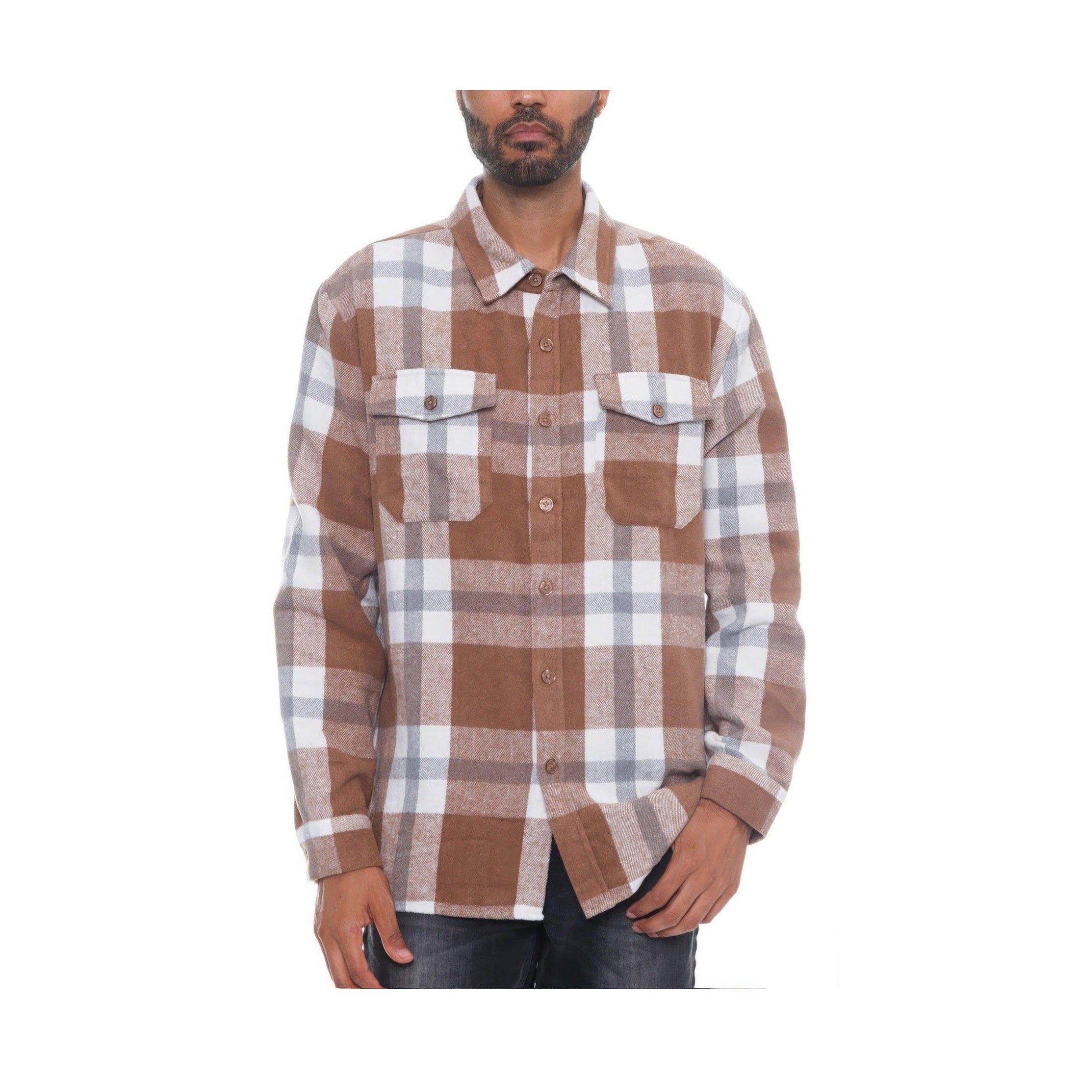 Soft flannel shacket for men in brown and white plaid design, perfect for layering and casual wear