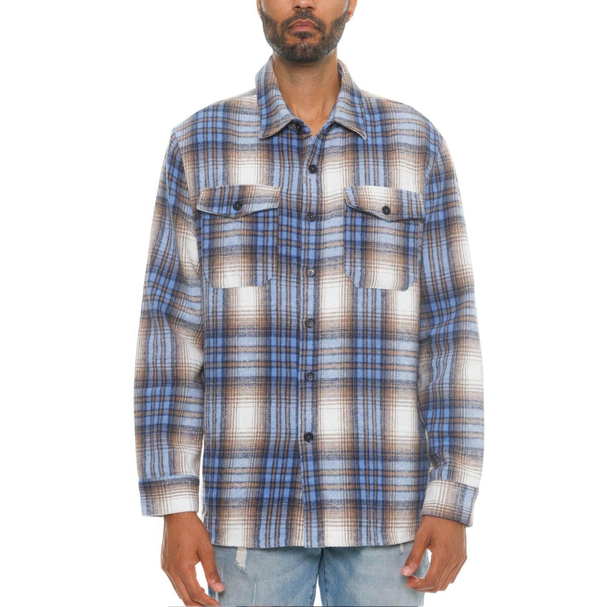 Men's soft flannel shirt jacket in blue plaid design with two front pockets for a stylish look