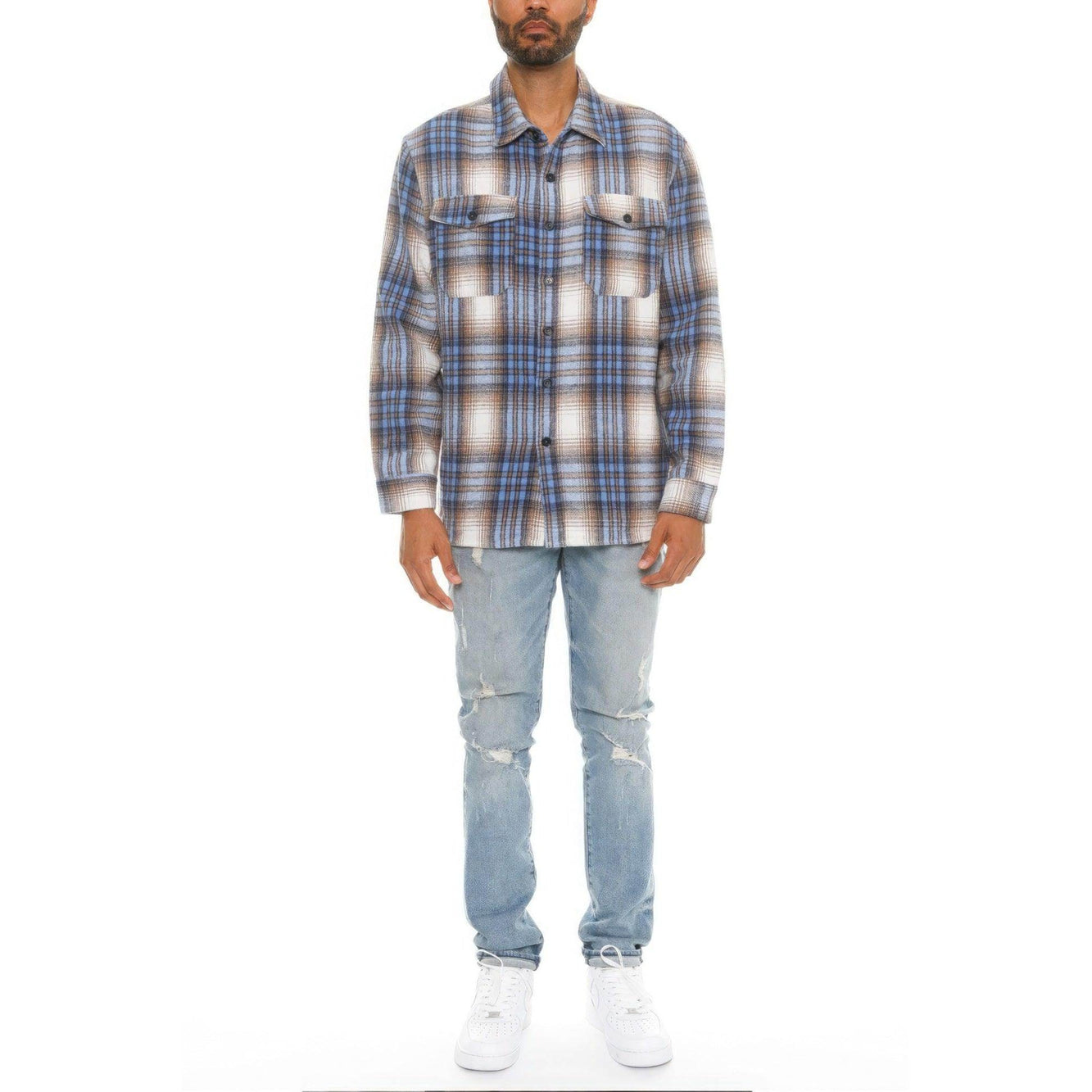 Men's soft flannel shirt jacket in plaid design, featuring front pockets and a relaxed fit