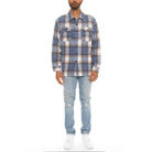 Men's soft flannel shirt jacket in plaid design, featuring front pockets and a relaxed fit
