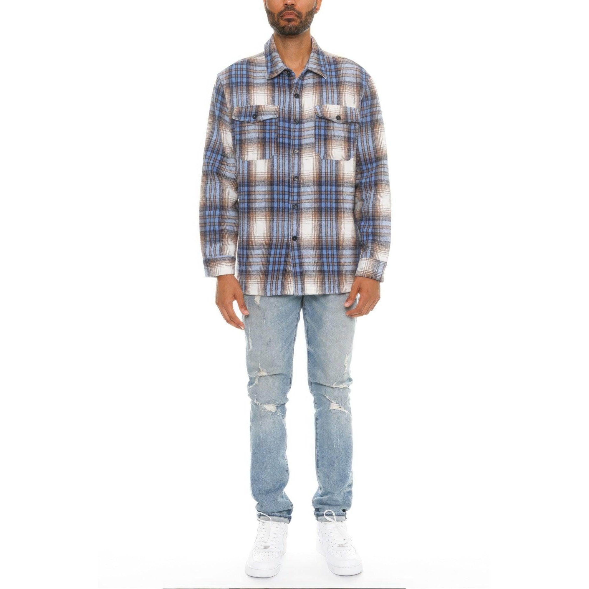 Men's soft flannel shirt jacket in plaid design, featuring front pockets and a relaxed fit