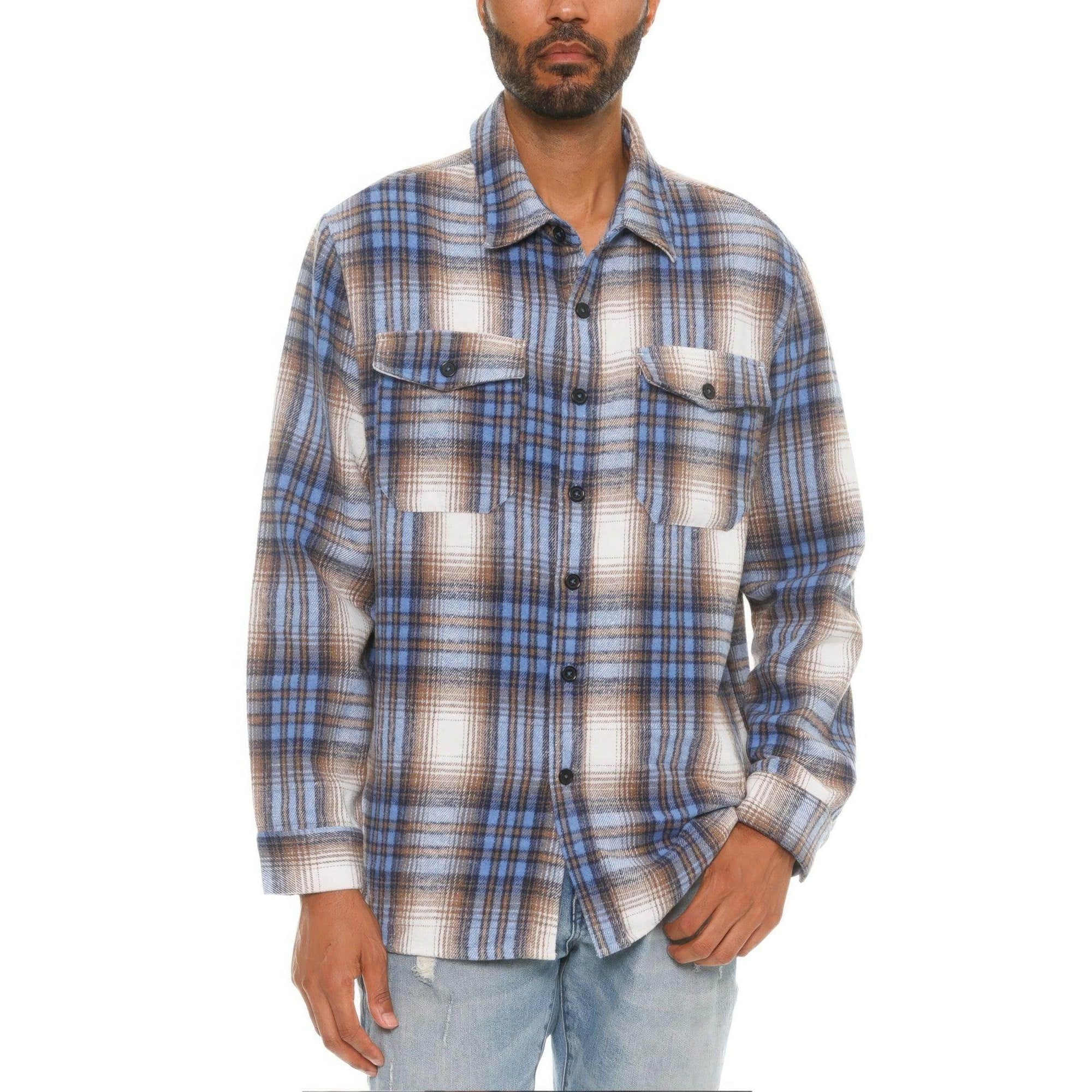 Men's VacationGrabs soft flannel shirt jacket in blue plaid design, perfect for casual outfits