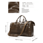 Soft leather travel duffel bag in coffee color with multiple pockets and a detachable strap