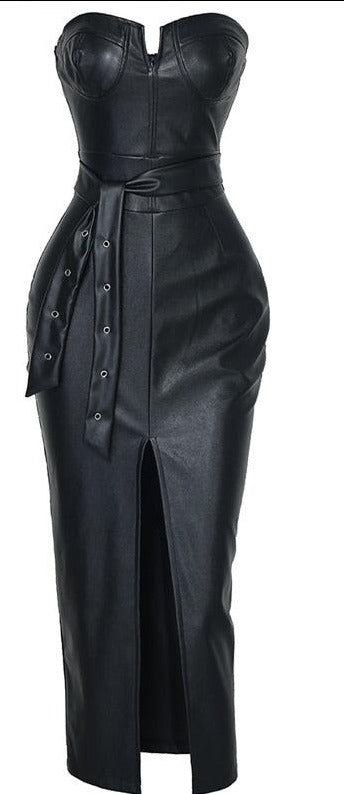 Women's Dresses Solid Black Tube Dress Slit Coated Pu Dresses For Women