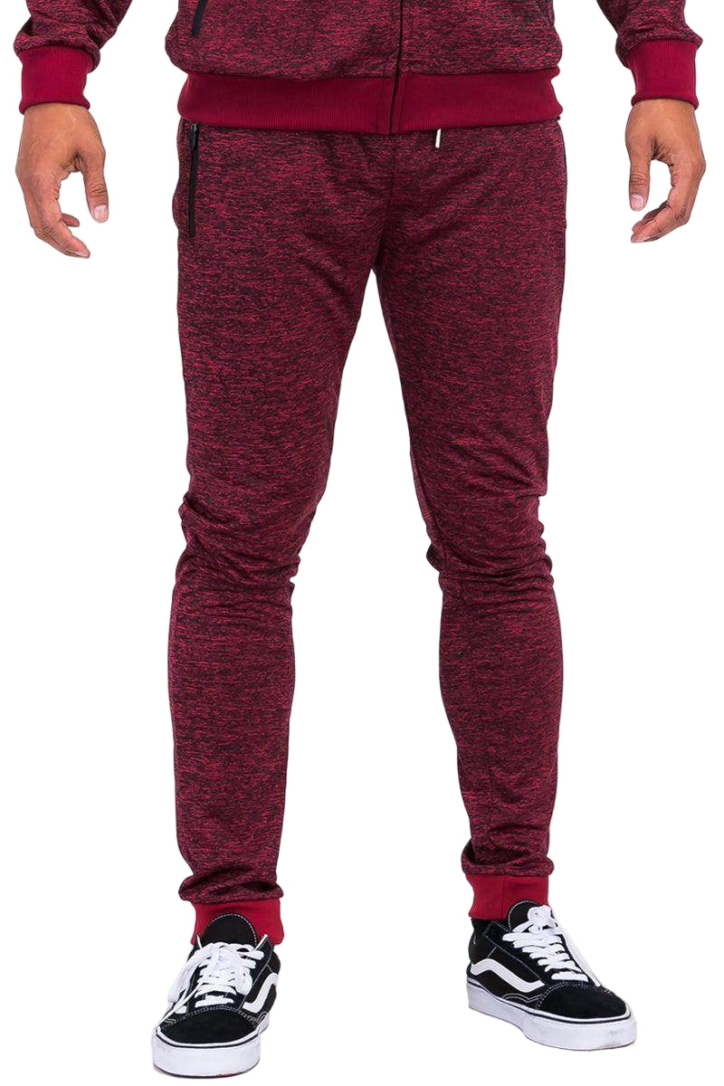 Men's VacationGrabs speckled jogger pants in burgundy with a snug fit and zip pockets
