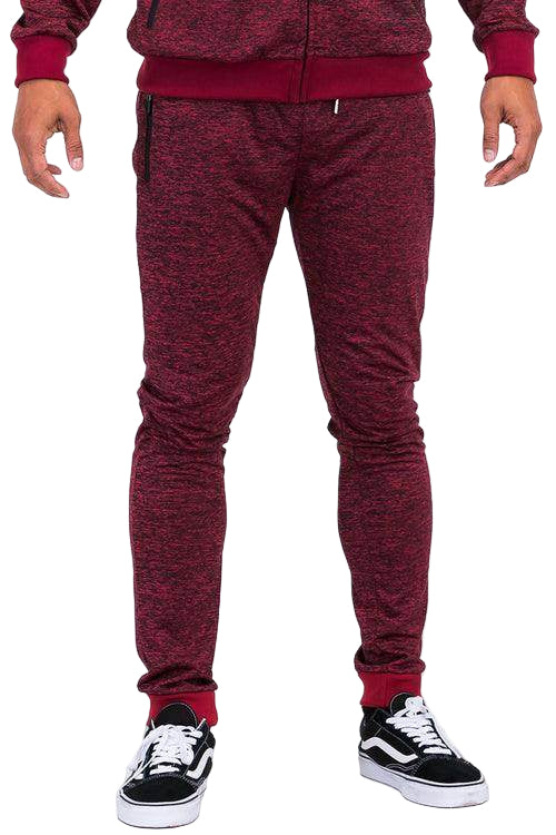 Men's speckled jogger pants in burgundy with a slim fit design and comfortable fabric