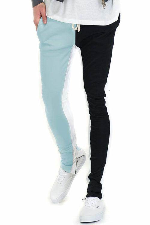 VacationGrabs split track pants for men featuring a stylish blue and black color block design