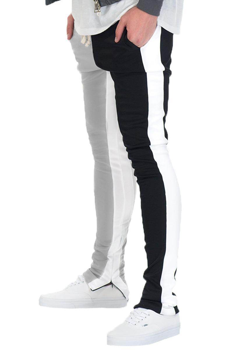 VacationGrabs split track pants for men in black and white with a slim fit design for stylish comfort