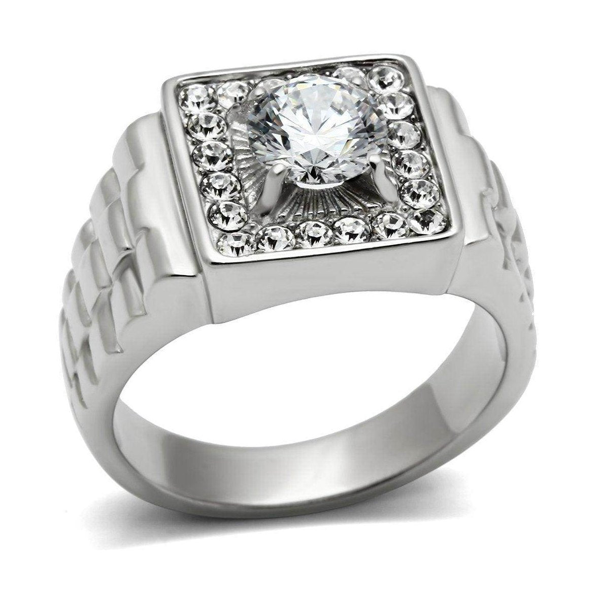Stylish men's square cubic zirconia ring with intricate settings and shiny finish