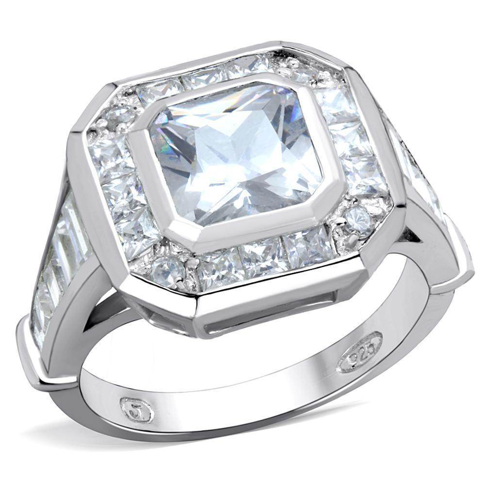 VacationGrabs square cut silver engagement ring with intricate sparkling detailing and brilliant design