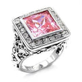 Elegant square pink stone fashion ring with intricate silver detailing and sparkling accents