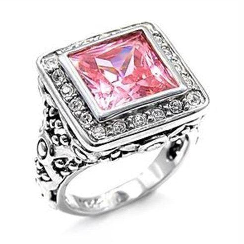 Elegant square pink stone fashion ring with intricate silver detailing and sparkling accents