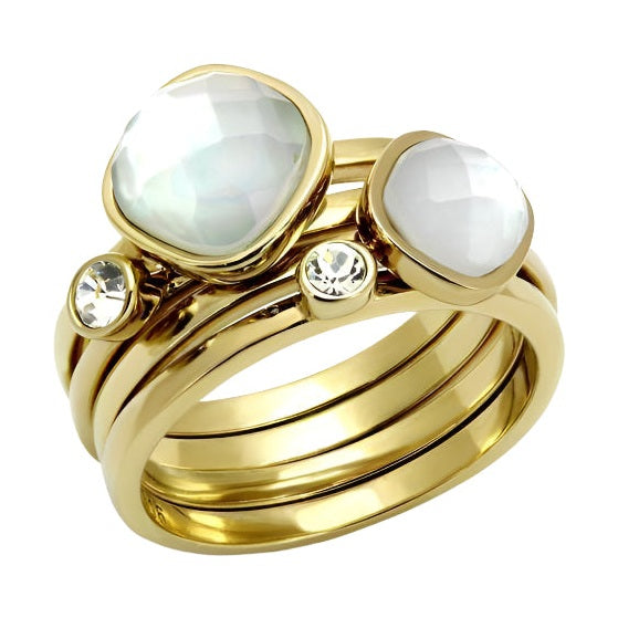 Three stackable gold rings for women featuring iridescent stones and sparkling accents