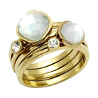 Three stackable gold rings for women featuring iridescent stones and sparkling accents