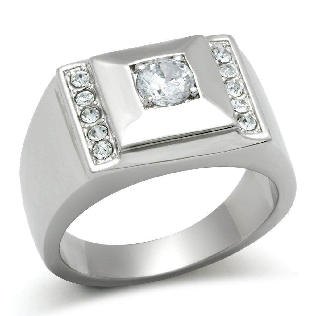 Men's Stacked Stainless Steel Ring with Sparkling Clear Stones and Polished Finish