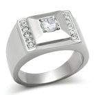 Men's Stacked Stainless Steel Ring with Sparkling Clear Stones and Polished Finish