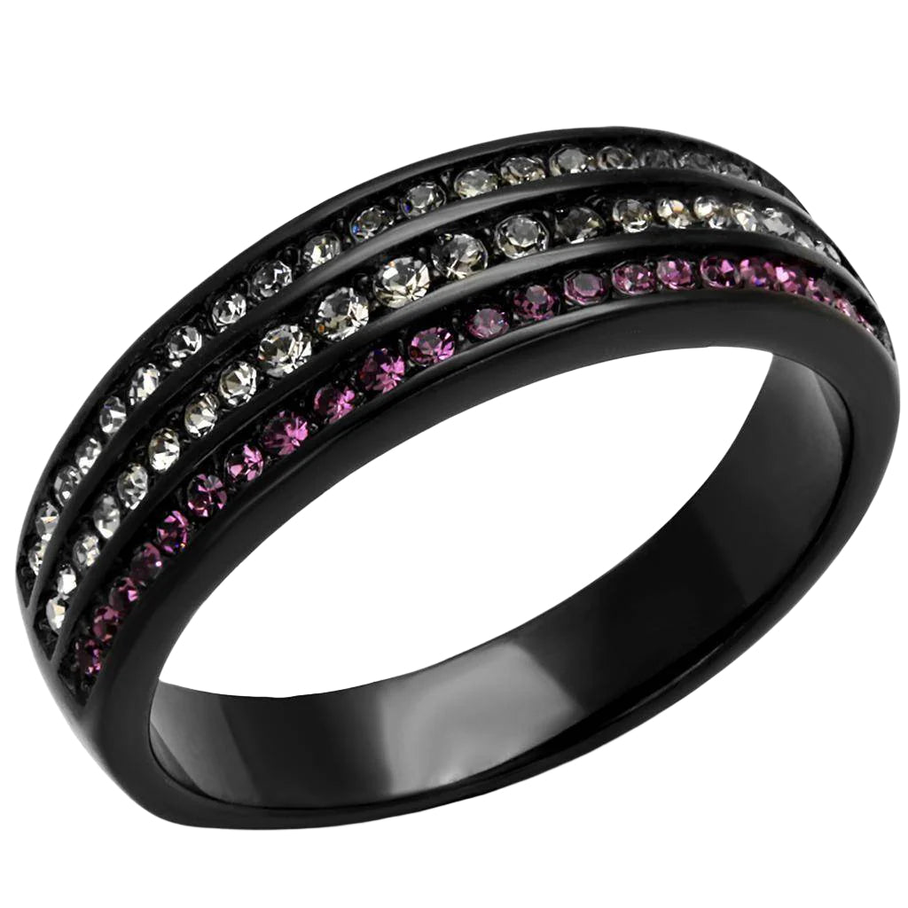 Stainless steel amethyst jewelry ring with black finish and sparkling gemstones for a stylish look