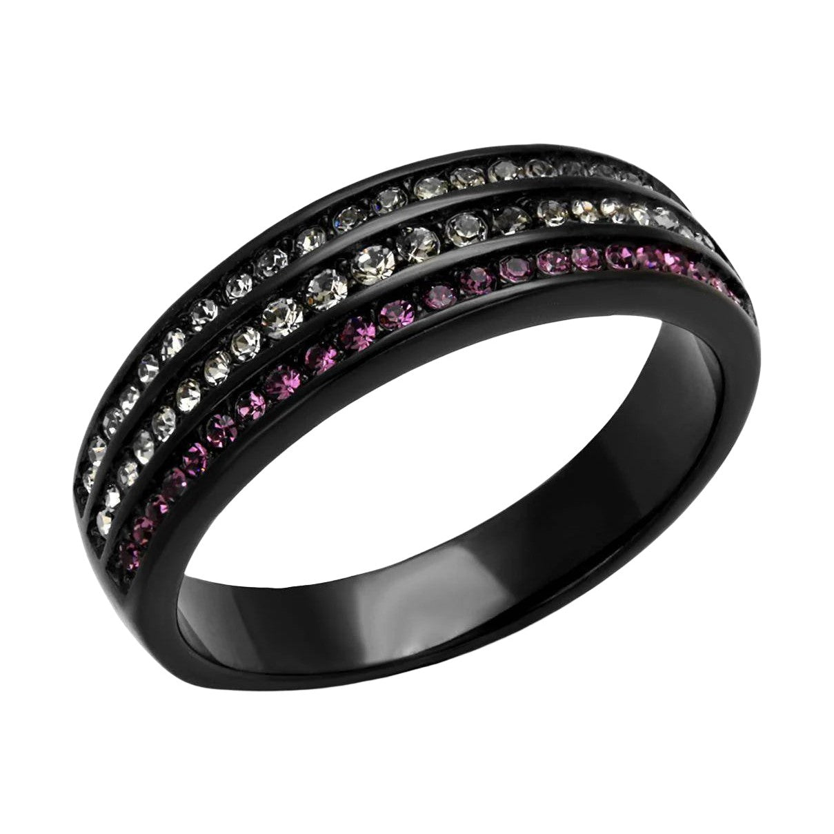 Stainless steel amethyst jewelry ring with black finish and sparkling gemstones for a stylish look