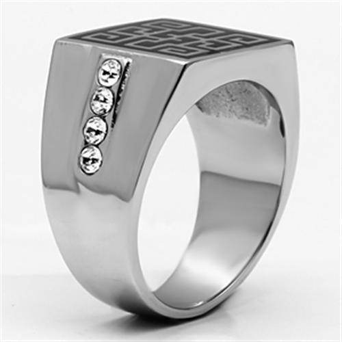 Stylish stainless steel black ring featuring intricate design and sparkling details for men