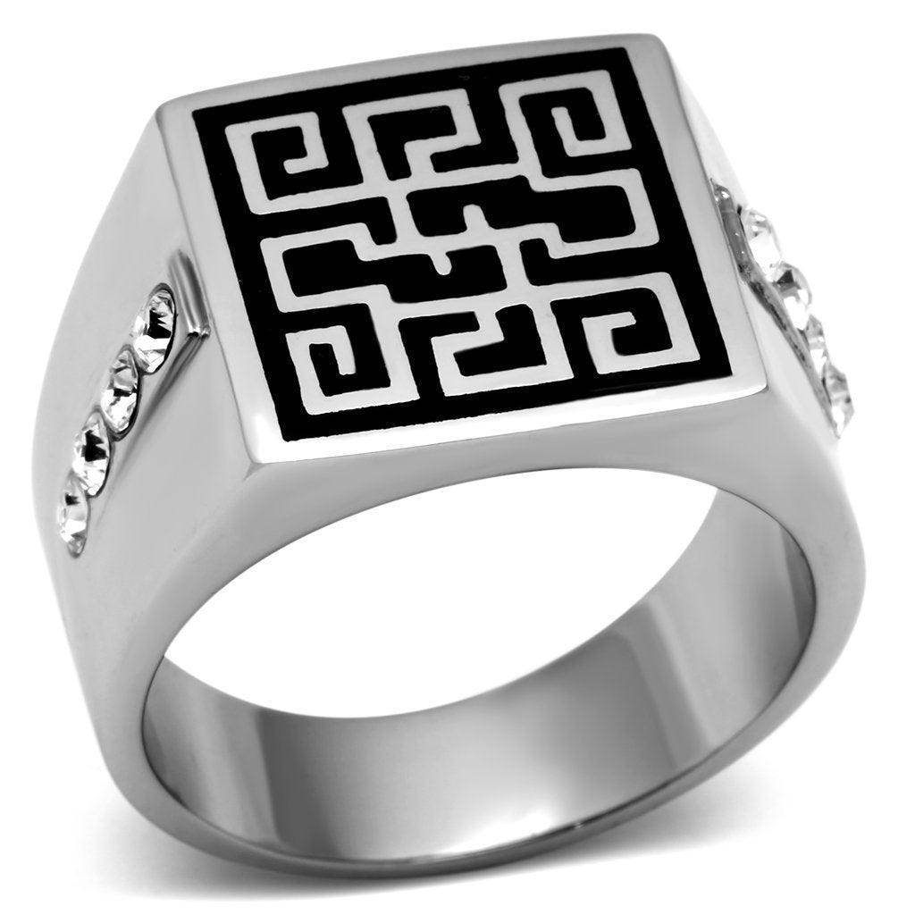 Stainless steel black ring with intricate geometric design and decorative sides for stylish men's jewelry