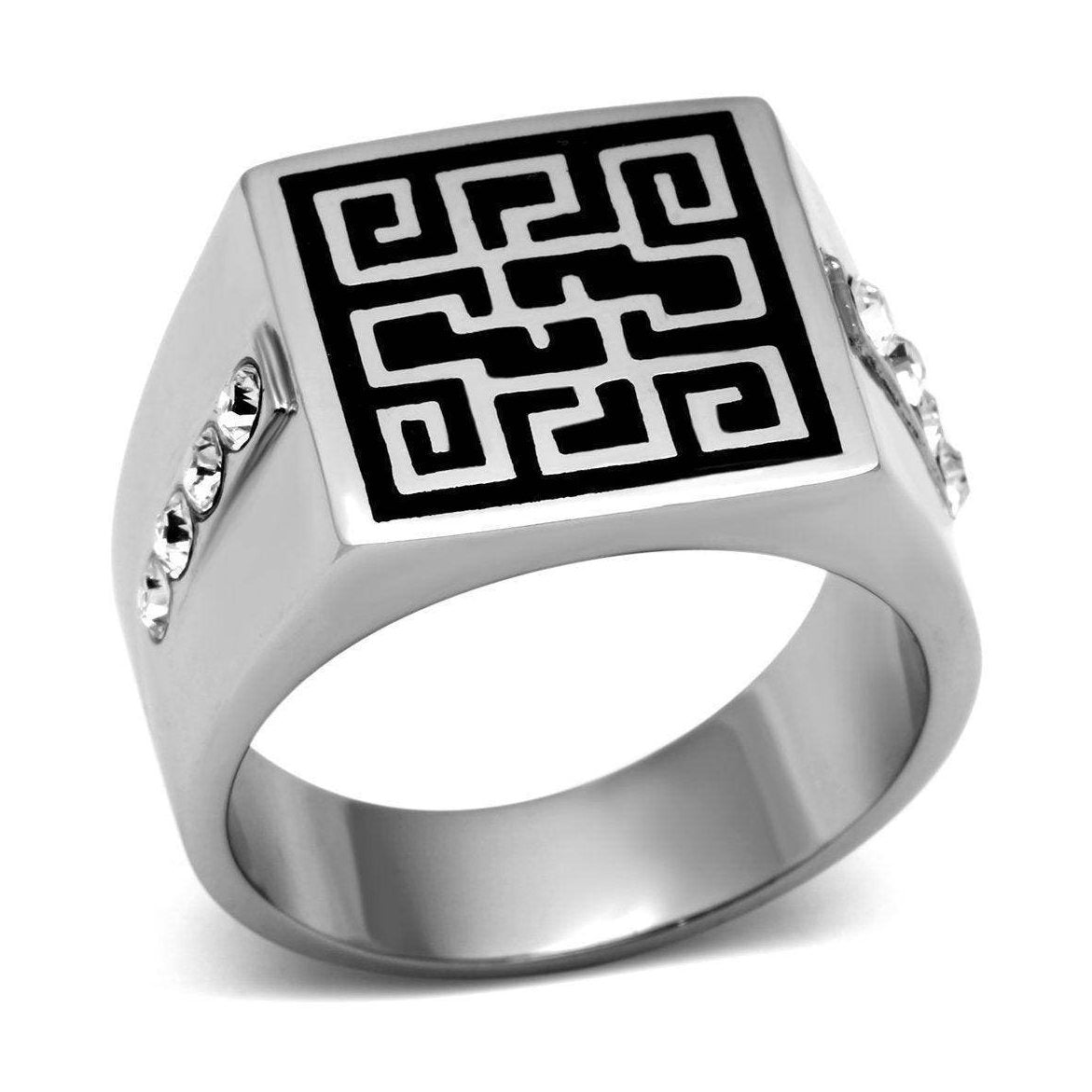 Stainless steel black ring with intricate geometric design and decorative sides for stylish men's jewelry