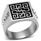 Stainless steel black ring with intricate geometric design and decorative sides for stylish men's jewelry