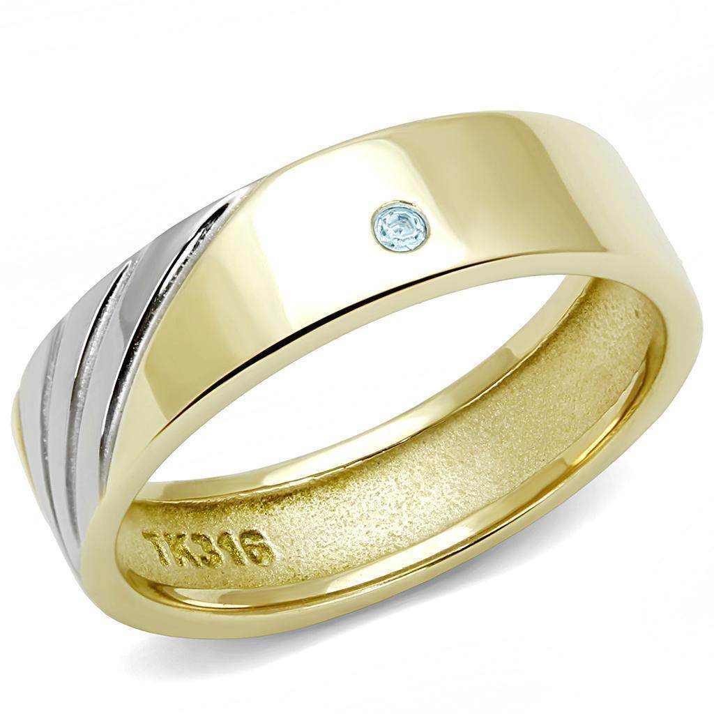 VacationGrabs stainless steel blue gem ring featuring a sleek gold finish with unique diagonal lines