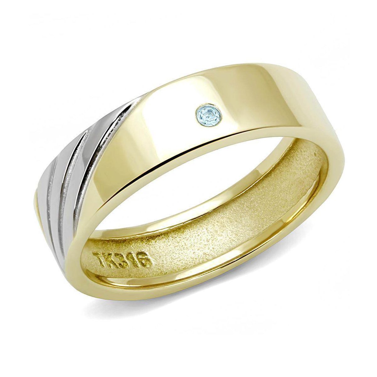 VacationGrabs stainless steel blue gem ring featuring a sleek gold finish with unique diagonal lines