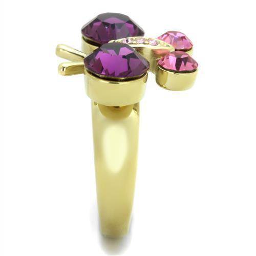 Elegant stainless steel butterfly ring with purple and pink gemstones, perfect for women's jewelry collection