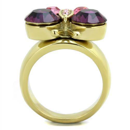 Gold stainless steel butterfly ring adorned with purple and pink gemstones for women