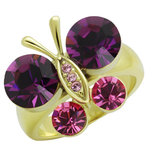 Stainless steel butterfly ring featuring colorful purple and pink gemstones in a gold-tone setting