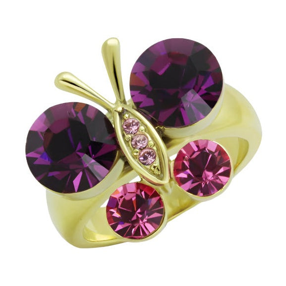Stainless steel butterfly ring featuring colorful purple and pink gemstones in a gold-tone setting