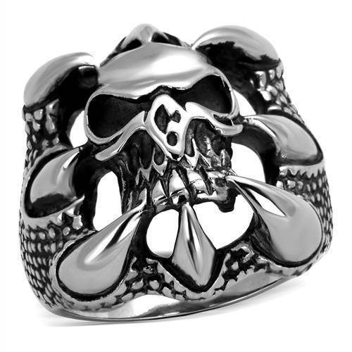 Men's stainless steel claw ring featuring a detailed skull design with striking embellishments