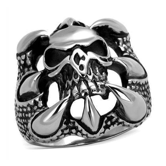 Men's stainless steel claw ring featuring a detailed skull design with striking embellishments