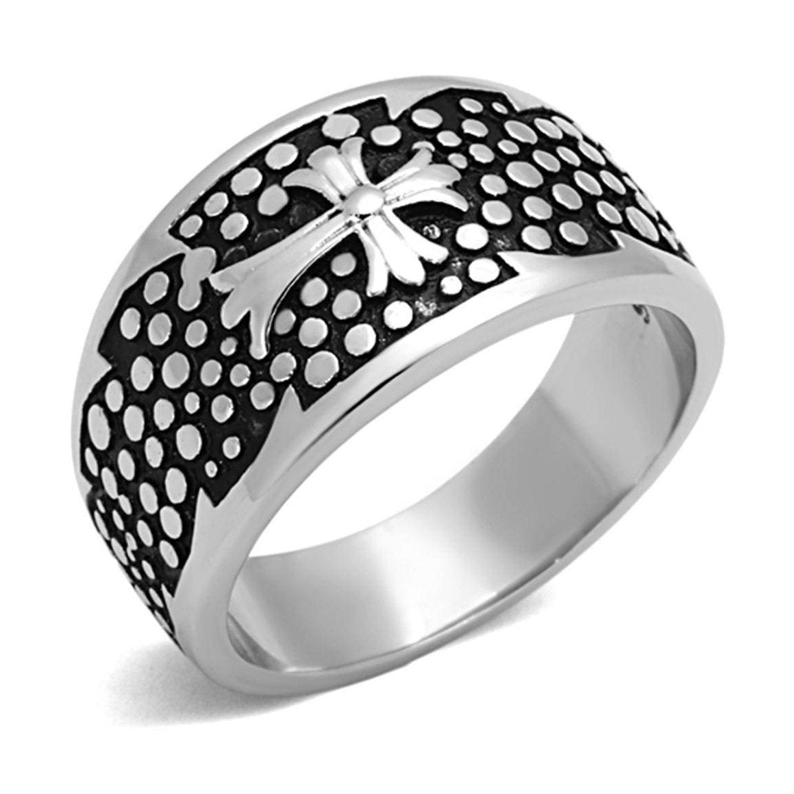 VacationGrabs stainless steel cross ring with intricate design and polished finish for men