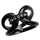 Black stainless steel crystal jewelry ring featuring a twisted design and sparkling accents