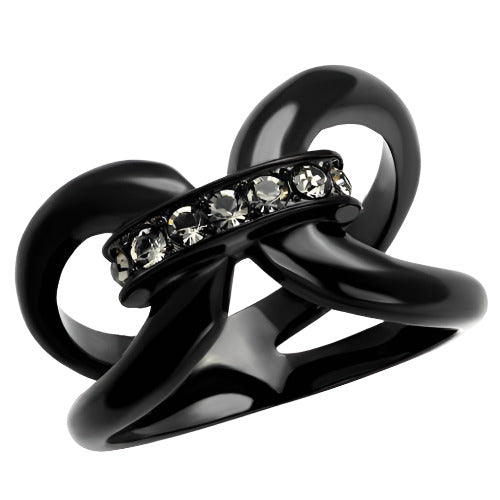 Black stainless steel crystal jewelry ring featuring a twisted design and sparkling accents