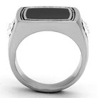 Stylish stainless steel crystal jewelry ring with a black centerpiece and clear accents for men
