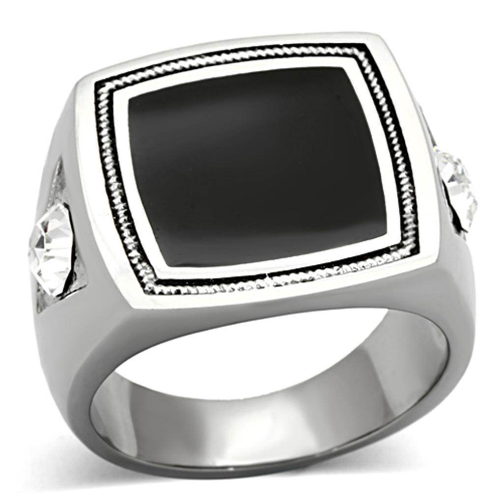 Men's stainless steel crystal jewelry ring with black stone and two clear crystals for elegant style