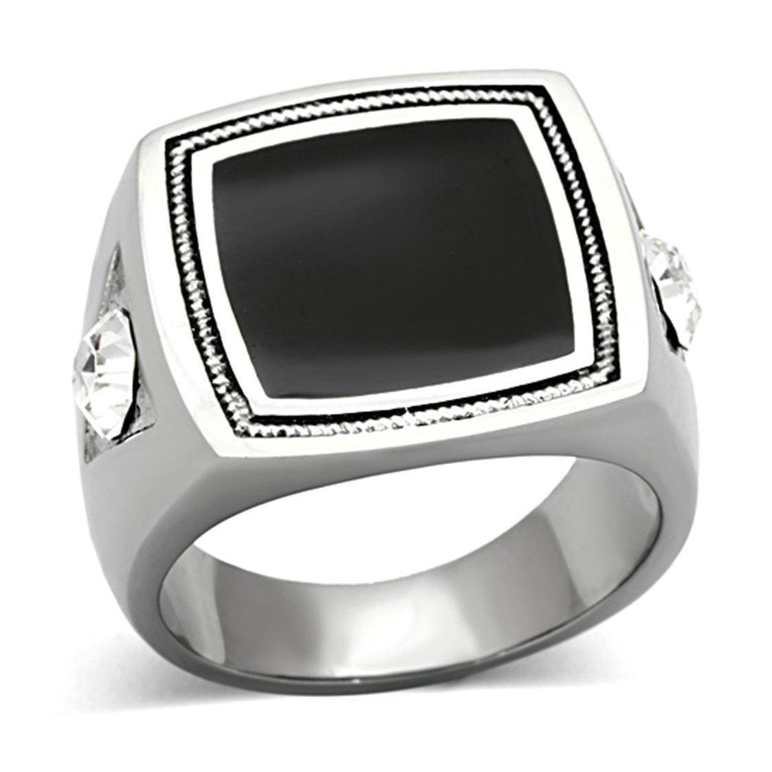 Men's stainless steel crystal jewelry ring with black stone and two clear crystals for elegant style
