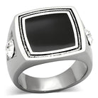 Men's stainless steel crystal jewelry ring with black stone and two clear crystals for elegant style